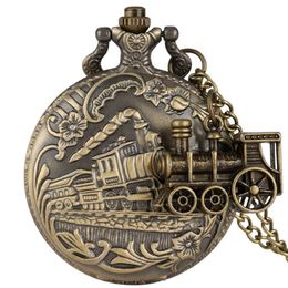 Vintage Retro 3D Steam Train Pocket Watch With Necklace Chain Locomotive Design Men Women Antique Quartz Clock Gift Collectab324m