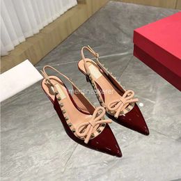 Nail Bow Pump Rock Heel Pointed Valentnio Slingback Lady Shoes New Willow Evening Bow High Vbuckle Sandals Women's 2024 Stud Thin Lace Up Shoes 6T6X PR4WQZ6B