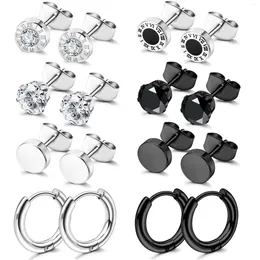 Stud Earrings 8 Pairs Hypoallergenic 316L Stainless Steel Cubic Zirconia For Unisex Huggie Hoop Set Silver&Black Color