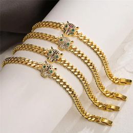 Link Bracelets Copper Plated Genuine Gold Zircon Leopard Cuban Bracelet Female Fashion Hip Hop 18k Original