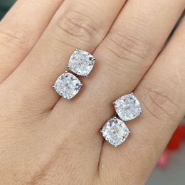 18k White Gold Gra Cushion Shape Ice Cut 2ct 7x7mm Moissanite Earring Four Claws Screw Back Micro Pave Stud Earring