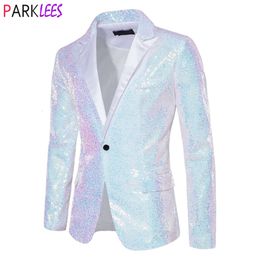 Shiny White Sequin Glitter Blazer for Men One Button Peak Collar Tuxedo Jacket Mens Wedding Groom Party Prom Stage Costume Homme