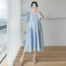 Dresses 2023 Summer Plus Size Pregnancy Chiffon Dress Short Lantern Sleeve ONeck High Waist Maternity Loose Holiday Clothes Beach Dress