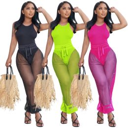 Swimwear 2022 Casaul Women Tracksuit Two Piece Set Bodysuit + Sheer Mesh Pants Swimsuit Summer Beach Clothes for Women Outfit