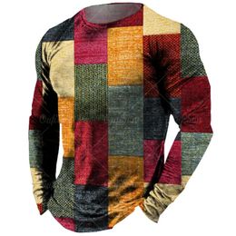Vintage Mens Long Sleeve TShirt Patchwork Tees Tops Plaid For Men 3d Striped Printed Clothing Oversized Streetwear 5xl 240226