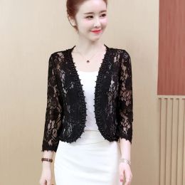 Jackets #5363 Summer Black White Red Short Lace Jacket Women Thin Sexy Perspective Ladies Jackets Vintage Cardigan Kimono Coat Female