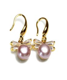 Dangle Chandelier Natural Pink Purple White Freshwater Pearl Earrings Bowknot Shape Plated Gold Inlaid Rhinestone Fashion Jewelr3988382