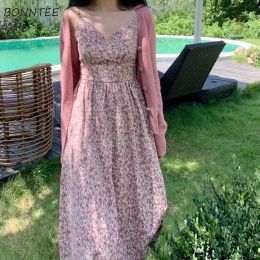 Dress Sleeveless Women Vneck Spaghetti Strap Leisure Midcalf Allmatch Tunic Floral Printing French Style Sweet Female Vestido Cosy