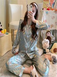 Autumn Spring Couple Pajamas Men Women Sexy Satin Silk Pajama Pants Sets Blue LongSleeved Pyjama Lounge Sets Lovers Flower Printe5226535