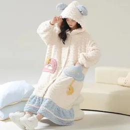 Women's Sleepwear Big Size Flannel Robes Warm Bathrobe Women Long Sleeve Thick Loungewear Hooded Coral Fleece Cardigan Kawaii Clothes