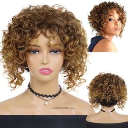 Hair Wigs Short Afro Curly for Women Natural Blonde Wig with Bangs Ombre Brown African Hairstyle Female Daily Halloween Party 240306