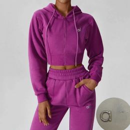 Women's Two Piece Pants Yoga Outfit LO Metlo loose fitting long sleeved hooded jacket with zipper and plug insulation hooded fitness and sports set J240306