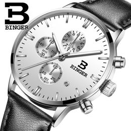 Genuine BINGER Quartz Male Watches Genuine Leather Watches Racing Men Students Game Run Chronograph Watch Male Glow Hands CX200805226y