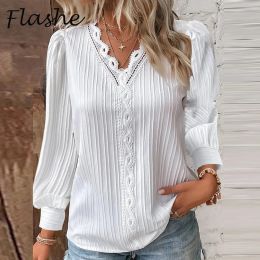 Blouse Elegant Women Blouse Shirt V Neck Lace Patchwork Long Sleeve White Shirts For Women Autumn Casual Pullover Tops