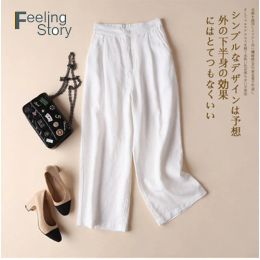 Capris Summer Vintage Women Office Wide Leg Pants Elastic Waist Loose Cotton Linen Trousers Baggy Pants Solid Pantalon Plus Size