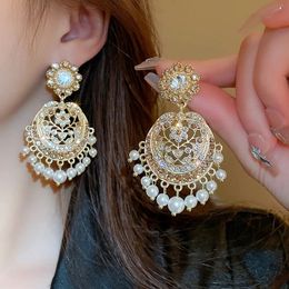 Mediaeval Vintage Hollowed Out Rhinestone Flower Pearl Tassel Drop Earrings for Women French Retro Court Style High-end Jewellery 240301