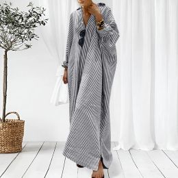 Dress Summer Outfits For Women 2023 Stripe Cotton Linen Shirt Lapel Dress Long Sleeve Casual Loose Maxi Dresses Plus Size