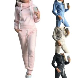 Suits Autumn Ladies Tracksuit Solid Color Hooded Sweatshits Outfits Women 2Pcs Jogging Suit Fleece Lined Hoodies +Pants Set