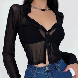 Shirt Summer Sexy Women Shirts See Through Transparent Mesh Tops Long Sleeve Slim Ladies Blouse Crop Top 2022