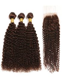 Premium Medium Brown 4 Kinky Curly Remy Human Hair Weaves 3 Weaving Bundles With 4X4 Lace Closure7194338