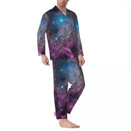 Men's Sleepwear Cloud Galaxy Pyjamas Set Autumn Flaming Star Nebula Comfortable Night Unisex 2 Pieces Retro Oversized Custom Home Suit