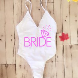 Swimwear Padded Stagette Party Swimwear Sexy One Piece Team Bride Swimsuit Woman Fused Swimwear Backless White Pink Strappy Bather Bikini