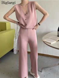 Suits Knitted Autumn 2 Two Piece Set Women Pink Sleeveless V Neck Casual Ladies Tops Fashion High Waist Wide Leg Pants Woman 2023