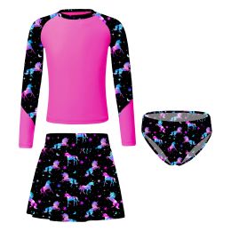 Swimwear 3Pcs Kids Girls UPF50+ Rash Guard Print Swimsuit Long Sleeve Top Swim Skirt Swim Briefs Set Bathing Suit Pool Beach Swimwear