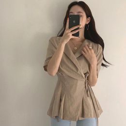 Women's Blouses Lace Up Waist V-neck Short Sleeved Shirt Blusas Mujer De Moda Khaki Blouse Vintage Casual Camisas White Shirts For Women Top