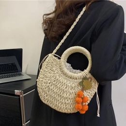 Evening Bags Women's Hand-Woven Beach Handbag Large Capacity Stylish Crossbody Bag Summer Straw Weaving Drawstring Top-Handle With Decor