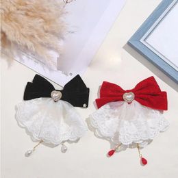 Hair Accessories Trendy Sweet Bow Heart Tassel Pearl Headdress Red Bangs Clip Girl Children Year Hairpin