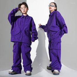 Stage Wear 2024 Hip Hop Dance Clothes Kids Purple Long Sleeves Sport Suit Boys Street Girls Jazz Modern Costume BL12135