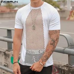 INCERUN Men T Shirt Mesh Patchwork O-neck Short Sleeve Streetwear Camisetas Stylish Transparent Summer Men Clothing S-5XL 240220