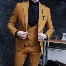 Men's Suits Brown Casual Men Slim Fit With Double Breasted Waistcoat 3 Piece Wedding Tuxedo Male Fashion Costume Jacket Pants 2024