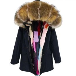 Fur Waterproof Parka Winter Jacket Women Real Fur Coat Natural Fur Collar Hood Rabbit Fur Liner Long Outerwear Streetwear