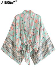 Cover-up Vintage Chic Boho Kimono Short Robe Swimsuits Women Green Floral Batwing Sleeves Rayon Bohemian Bikini Cover Ups Beachwear