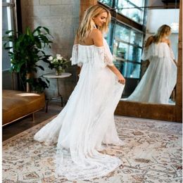 2022 Off Shoulder Boho Lace Beach Wedding Dresses Bohemian Bridal Gown Plus Size Photography Women Vestidos De Noiva Mariage 228Q