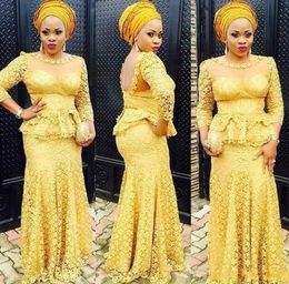 Generous African Yellow Lace Prom Dresses Peplum Aso Ebi Style Long Party Evening Gowns Lace Appliques 34 Long Sleeve Mermaid She2204169