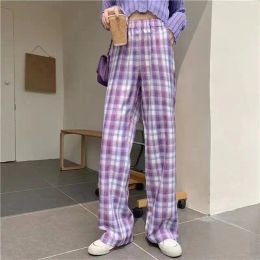 Capris Jogger Pants Women Fashion purple Plaid Loose High Waist Female Trousers Track hip hop wide leg pants Summer Streetwear