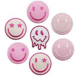 Pink Series Iron on Patches Assorted Size Smiley Face Sew on Embroidered Applique Patch for DIY Clothes Shirt Hats Arts Craft Sew Making