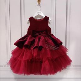 Burgundy Jewel Velvet Flower Girls' Dresses Floor-length Custom Kids Formal Wear