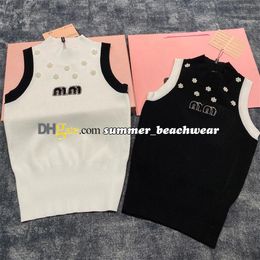 Knit Vest Decorated With Pearls Rhinestone Letter Logo Sleeveless knit Tops Turtleneck Knitted Camisole Fashion Knit Shirt