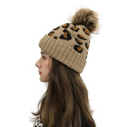 Beanie Skull Caps Female Knitted Hat Autumn Winter Warm Leopard Print Woolen Beanies Cap Pom Knit Earmuffs For Women Ladies Fashio270I