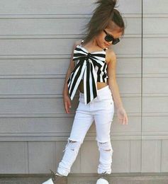 Fashion Girls Suit stripe Tops pants 2 Pieces The Strapless Set Kids Bowknot Hole white Jeans girls clothing set4640138