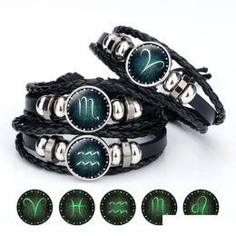 Charm Bracelets Luminous 12 Zodiac Sign Bracelet For Women Men Glow In The Dark Constellations Charm Leather Rope Chains Bangle Diy F Dhwzu