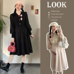 Dresses Maternity Knit Patchwork Flower Dress Autumn Winter Clothes For Pregnant Women VNeck High Waist Corduroy Pregnancy Dresses