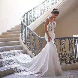 Robe De Mariee Sexy Spaghetti Straps Beach Mermaid Wedding Dresses Embroidery Lace Applique Backless Bridal Dress