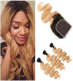 Dark Root Honey Blonde Ombre Virgin Peruvian Human Hair Bundles Deals with Closure Body Wave 1B27 Light Brown Ombre Human Hair We6480458