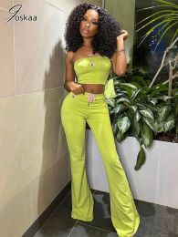 Suits Joskaa Embroidery Green 2 Piece Set Women Sexy Tube Tops and Drawstring High Waist Flared Pants Matching 2024 Spring Tracksuits