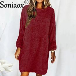 Dress Elegant Solid Colour Plush Dress Women Autumn Casual Long Sleeve Wide Loose Waist Sweater Bodysuit Female Pullover Daily Apparel